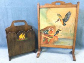 An oak firescreen handpainted with panel of kingfishers by J Currie dated 1934; and a deco