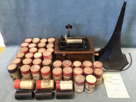 An oak cased C20th Edison Standard Phonograph with black tin horn & support arm, working mechanism