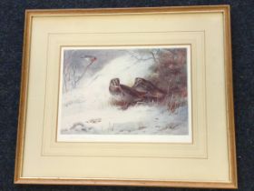 Archibald Thorburn, artists signed proof print, woodcock & robin in snowy landscape, signed in print
