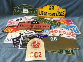 A collection of C20th sport rally car numbers - all numbered and some with advertising - whiskey,