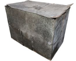 A rectangular galvanise coal bunker with hinged lid and sliding fuel hatch - holed. (48.5in x 31in x