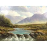 Gerald Marjoram, oil on canvasboard, river landscape, titled to verso Bundorragh River at Mueelrea,