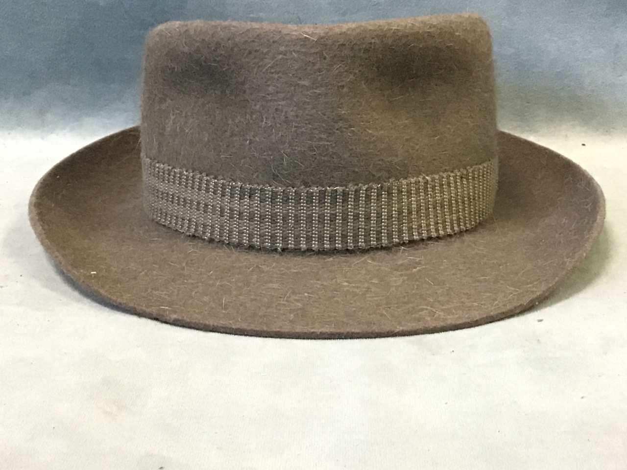 A 50s Attaboy pork pie hat with striped band and labelled leather interior - size 6 7/8. (7.5in x - Image 3 of 3