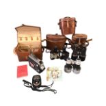 Three leather cased sets of field glasses - W Gregory & Co, army pattern, leather mounted, etc;