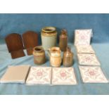 Four salt glazed stoneware jars/pots; a Prinknash glazed jug; a set of six Victorian glazed