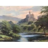 A 20th century, oil on board, Warkworth Castle river landscape with indistinctly signed, dated