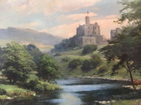 A 20th century, oil on board, Warkworth Castle river landscape with indistinctly signed, dated