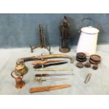 Miscellaneous items - a tin-plate figure of a knight, two bells, a brass plate stand, assorted