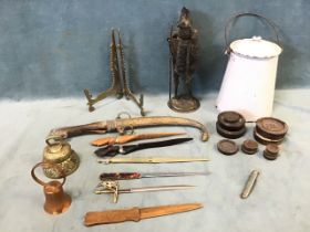 Miscellaneous items - a tin-plate figure of a knight, two bells, a brass plate stand, assorted