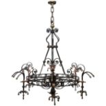 A large Victorian wrought iron, copper and brass forty-eight lamp chandelier, the baluster and