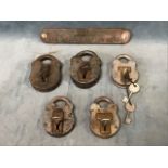 Five antique lever padlocks with keys; and a cast iron makers plaque for George Henderson