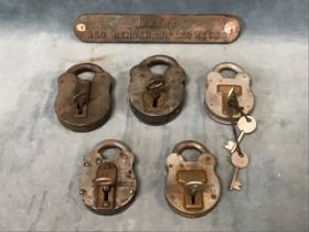 Five antique lever padlocks with keys; and a cast iron makers plaque for George Henderson