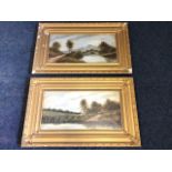 Late Victorian oils on canvas, a pair, water landscapes with bridge and waterside house, signed