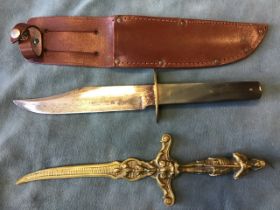 An horn handled Bowie knife by J Nowill & Sons, with studded leather sheath; a pair of Chinese