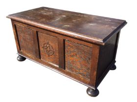 An Edwardian oak Jacobean style panelled coffer, with hinged rectangular moulded top, the front with