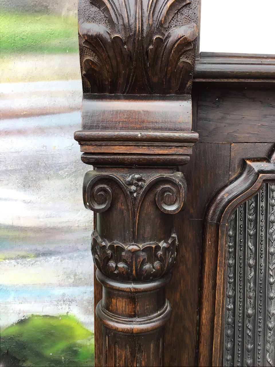 A Victorian oak chimneypiece in the Jacobean style, with cast iron insert, the gadrooned moulded - Image 3 of 3