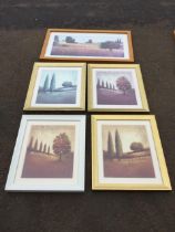 E Raymes, two pairs of prints depicting Cyprus trees and fields, titled Crimson Dawn & Dusk,