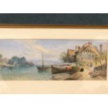 MH Long, chromolithograph, estuary view with shipping and children on track, signed in print,
