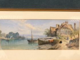 MH Long, chromolithograph, estuary view with shipping and children on track, signed in print,