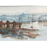 Terrence McArdle, watercolour, North Shields riverscape, signed,