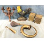 Miscellaneous items - a pair of embossed brass tea caddys & covers, an old brass car horn, a cast