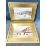 K Simpson, watercolours, a pair, Whitby harbour views with figures, signed, mounted and gilt framed.