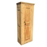 A Victorian pine wardrobe, the moulded cornice above a two-panel door with brass knob, ring handle