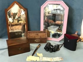 A Victorian mahogany gothic shaped mirror with bevelled plate; a painted beaded octagonal oak wall