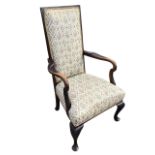 A Queen Anne style mahogany open armchair, the rectangular upholstered back flanked by shaped