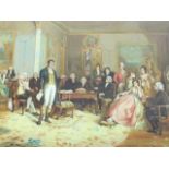 A Victorian coloured print of Burns "holding forth" in interior with group of admirers, titled Burns