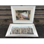 A framed oleographic print of the New York skyline, titled City View of Manhattan to verso - 38.25in