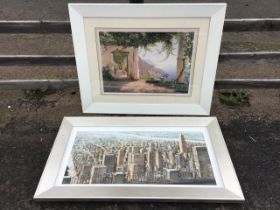 A framed oleographic print of the New York skyline, titled City View of Manhattan to verso - 38.25in