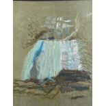 A mid-century embroidered and appliqué fabric picture on silk depicting a waterfall in woodland