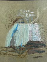 A mid-century embroidered and appliqué fabric picture on silk depicting a waterfall in woodland