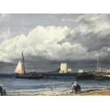 Late nineteenth century watercolour, coastal view with fort, sailing boat and figures on beach under