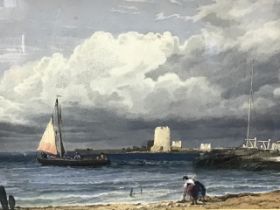 Late nineteenth century watercolour, coastal view with fort, sailing boat and figures on beach under