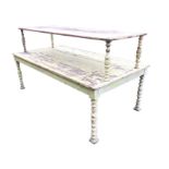 A Victorian painted pine two-tier display table, the upper platform on bobbin baluster turned