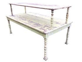 A Victorian painted pine two-tier display table, the upper platform on bobbin baluster turned