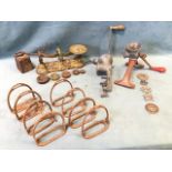 Miscellaneous metalware including four pairs of stirrups, two kitchen mincers with various blades,