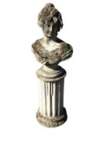 A composition stone bust of a classical lady, on an associated fluted column stand. (40in)