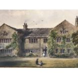 A Victorian watercolour depicting a 17th century country house with figures, framed.