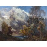 J Henderson Tarbet, oil on canvas, landscape with snow topped mountain, titled Ben Venue, signed, in