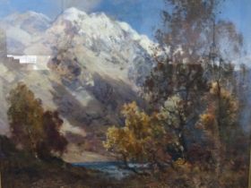 J Henderson Tarbet, oil on canvas, landscape with snow topped mountain, titled Ben Venue, signed, in