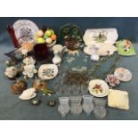 Miscellaneous items - souvenir plates, ceramic fruit, a Japanese teapot, glass thistles, Crown