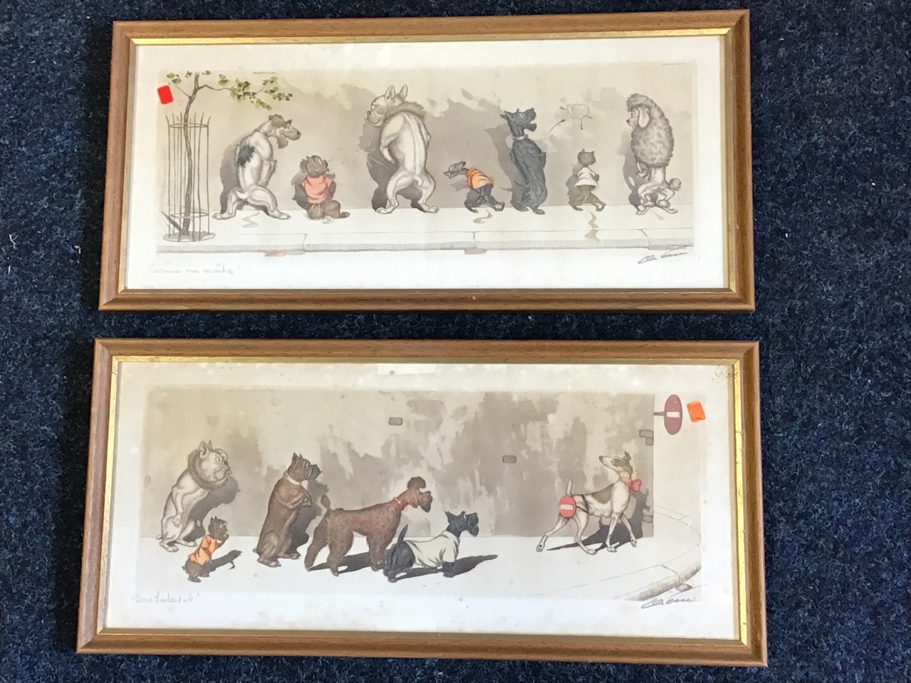 Boris O’Klein, a pair, amusing dog engravings, titled and signed in pencil on margins, framed. (20.