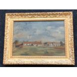 C20th oil on canvas, country scene with row of cottages and cows, unsigned, framed. (9.5in x 6.