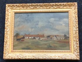 C20th oil on canvas, country scene with row of cottages and cows, unsigned, framed. (9.5in x 6.