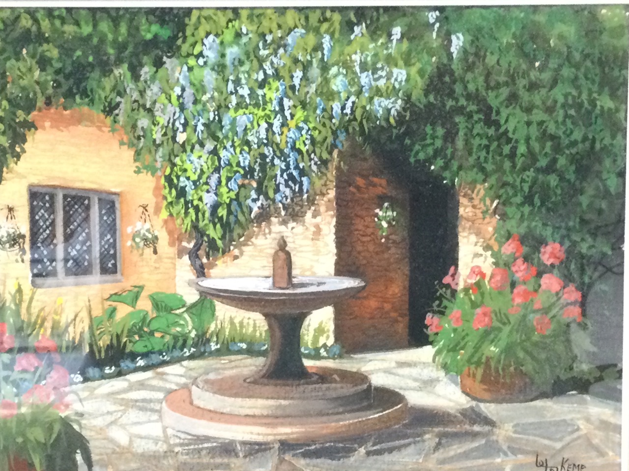 Odette Kemp, courtyard scene with fountain on plinth, signed, titled Cotswolds to verso, mounted & - Image 3 of 3