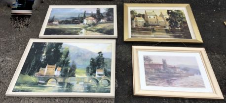 Goerscher, a pair of signed and framed oleographic countryside prints, titled The Bridge and