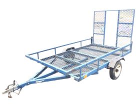 A quad bike trailer, with steel and mesh body and drop rear ramp, sprung axle, rear lights and